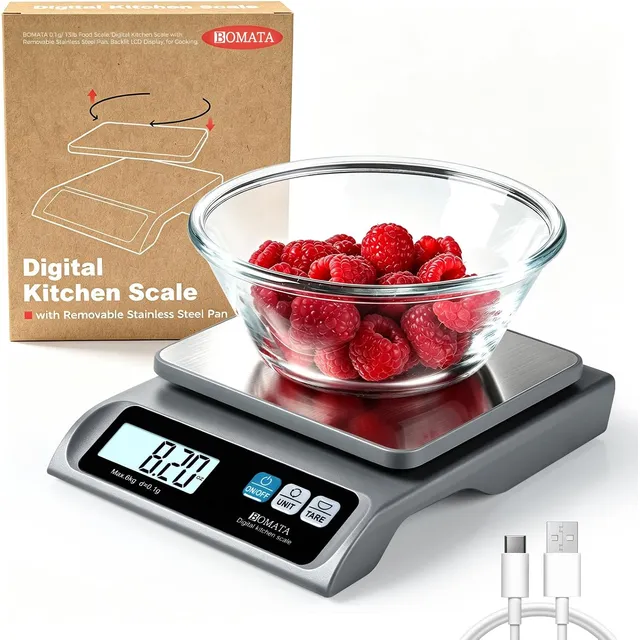 BOMATA Digital Food Scale 6 kg / 0.1 g with Removable Pan – Grey, rechargeable
