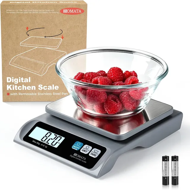 BOMATA Digital Food Scale 6 kg / 0.1 g with Removable Pan – Grey, AAA batteries