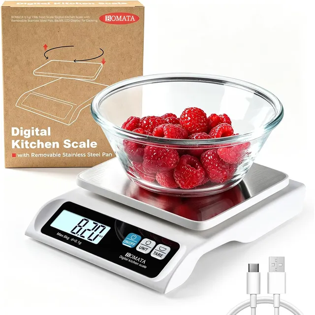 BOMATA Digital Food Scale 6 kg / 0.1 g with Removable Pan – White, rechargeable