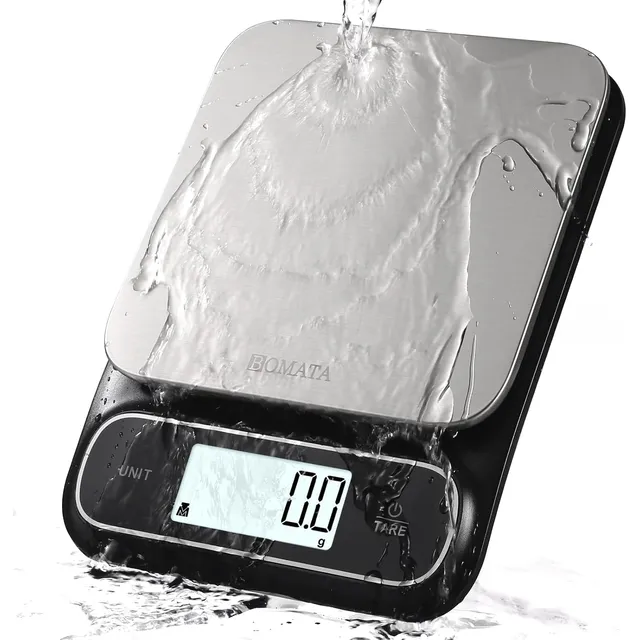 BOMATA Wasserdichte Küchenwaage IPX6, 5 kg / 0,1 g – Schwarz